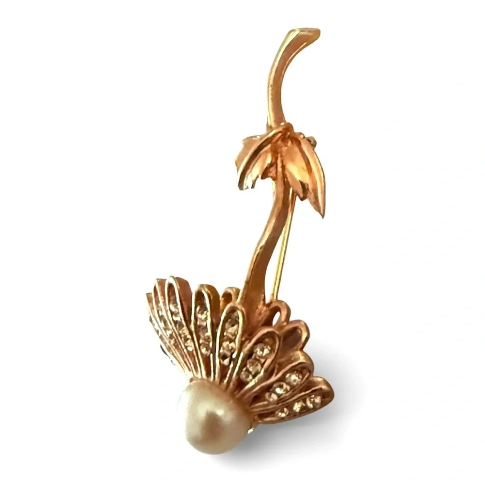 Vintage Mid Century Gold, Pearl & Rhinestone‎ Flower Brooch, 2” Tall, Estate